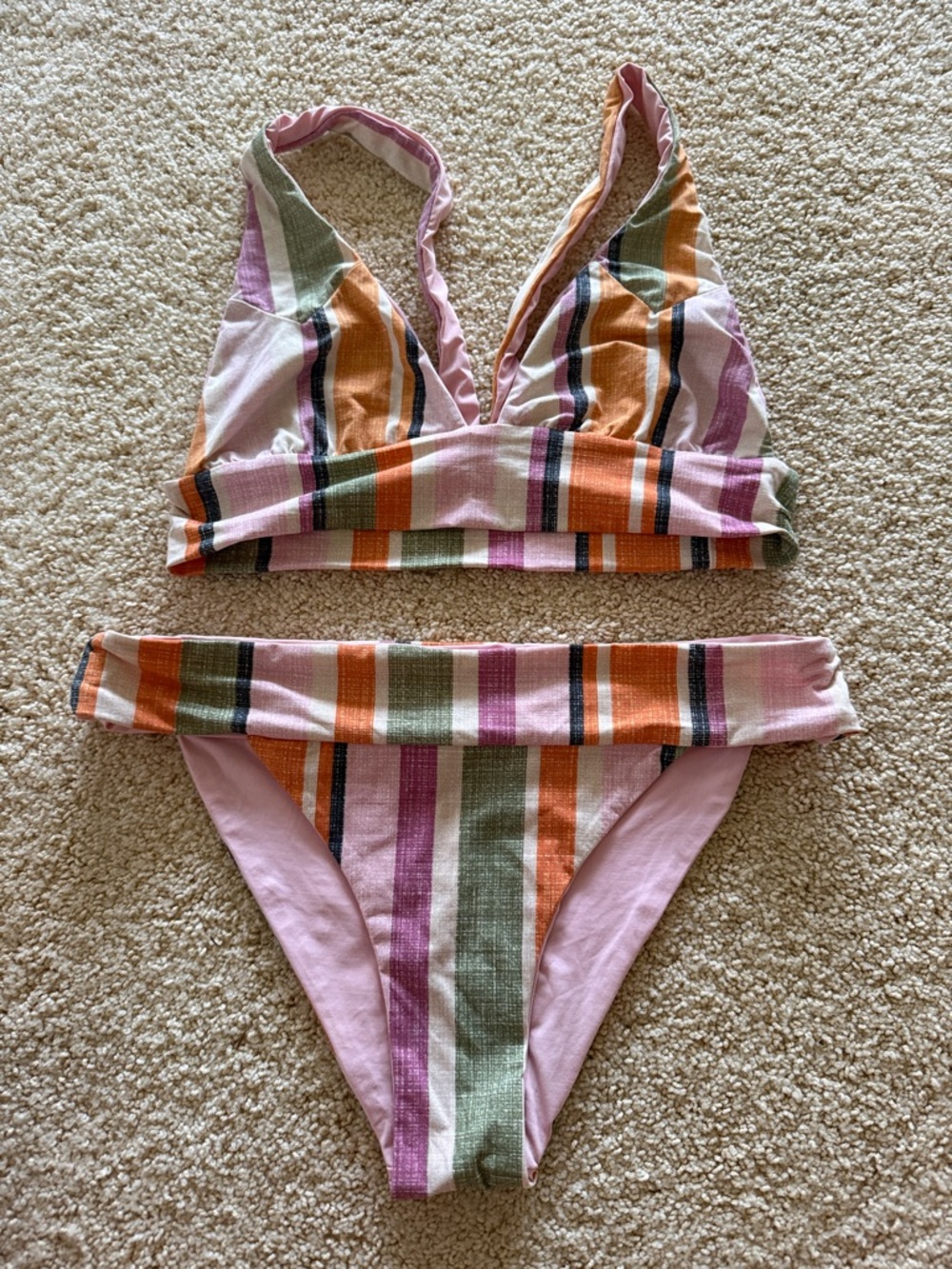 Striped V-Neck Women's Bikini Set - Pink & Orange
